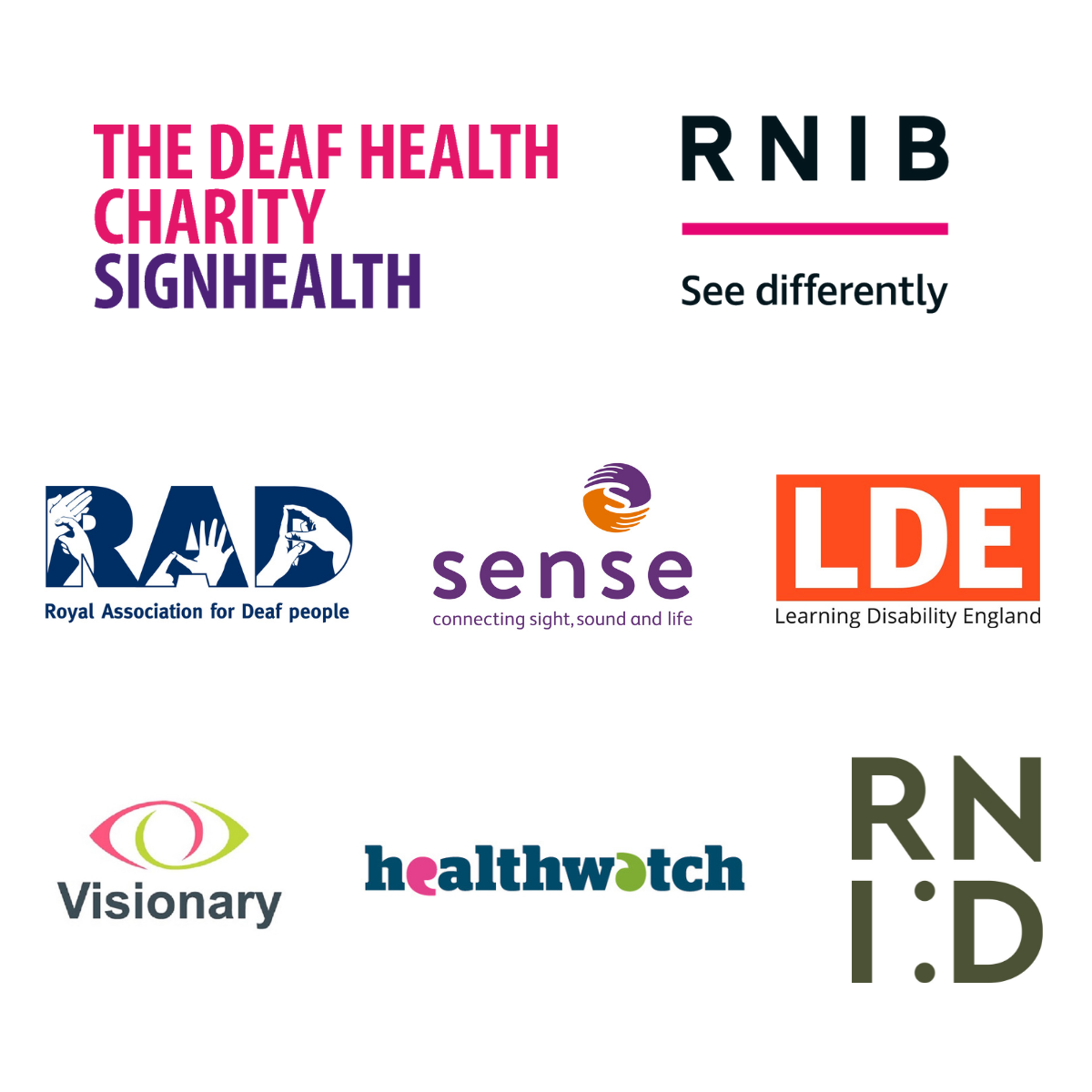 Logos from the The deaf health charity SignHealth, RNIB, RAD, Sense, Learning Disability England, Visionary, Healthwatch England, and RNID