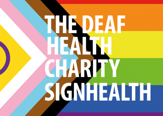 SignHealth logo with background of intersex progress pride flag