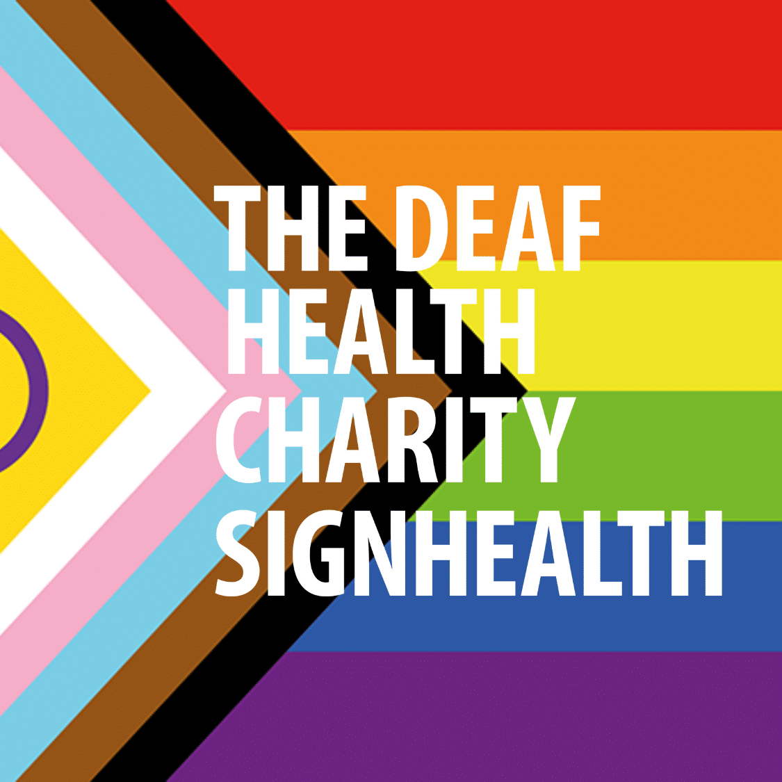 SignHealth logo with background of intersex progress pride flag