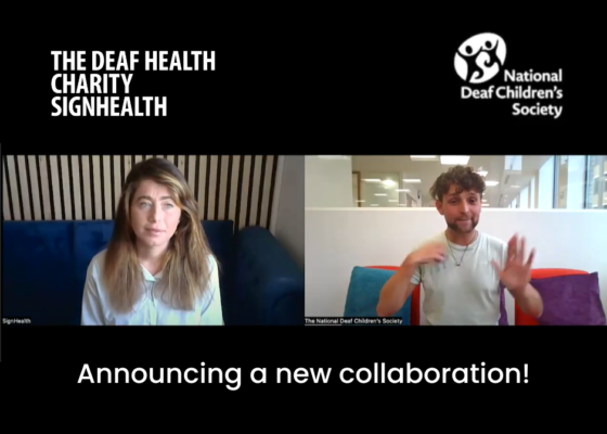 Two people on screen with SignHealth and NDCS logos and text "Announcing a new collaboration!"